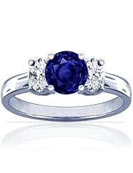 18K White Gold Round Cut Blue Sapphire Three Stone Ring