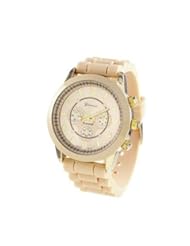 Geneva Womens Designer Inspired Chronograph Style Silicone Watch in Bone and Gold