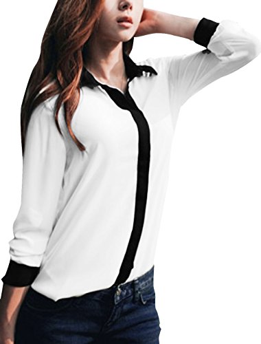 Allegra K Women Long Sleeve Button Down Sheer Chiffon Shirt Blouse,Medium / US 10,White