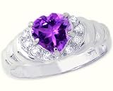 14K Yellow or White Gold Ribbed Heart Gemstone and Diamond Ring-Amethyst-full, half sizes from 5-8.5