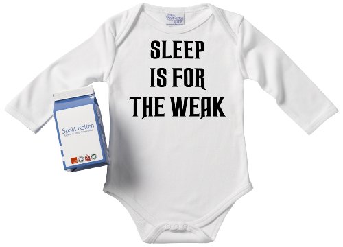 Spoilt Rotten - Sleep Is For The Weak Long Sleeve Body bébé, vêtements originaux et écolos pour bébés, 100 % coton bio : Taille de 0-6 mois, BLANC + jolie boîte cadeau en forme de brique de lait