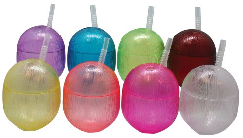 Novelty Crystal 6505/8 Coconut Coolers 15-Ounce Coconut Tumblers with Straws, Set of 8 Assorted Colors