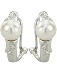14K White Gold 0.06ct Solitaire w/ Accents Diamond & Pearl Huggie Earrings