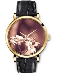 SPRAWL Aanalog Fashion Series Gold Ladies Watches of Genuine Black Leather Strap,Unique Wrist Watch for Women Girls Designed with lavender flowers