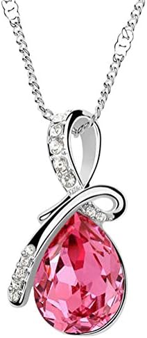 Mikiy Women's Fashion Alloy Diamond Teardrop-Shaped Crystal Pendant Necklace(Rose Red)