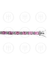 Sterling Silver -Rhodium Plated Pink CZ Emerald Cut Tennis Bracelet (B