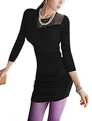 Sheath Round Neck Long Sleeves Lace Ruched Cotton  Dress