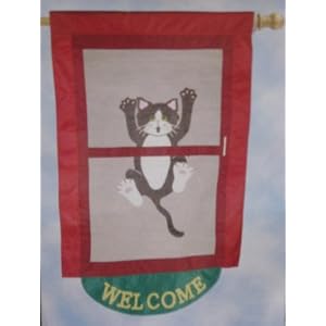 Cat on Window Screen Welcome Large Flag by 