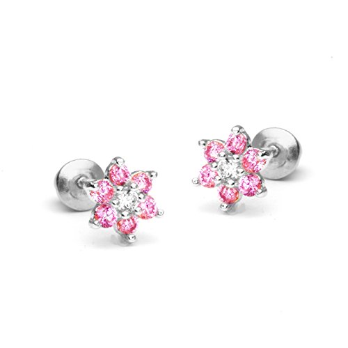 Sterling Silver Rhodium Plated October CZ Flower Screwback Girls Earrings