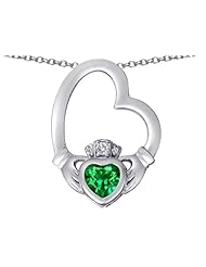 Celtic Love By Kelly (tm) Floating Heart Irish Claddagh Pendant with Heart Shape Simulated Emerald in 925 Sterling Silver