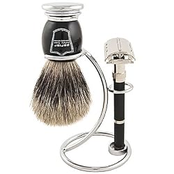 Parker 96R Safety Razor Shave Set - Includes Pure Badger Brush, Stand & Parker 96R Butterfly Open Safety Razor