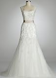 David's Bridal Wedding Dress: Cap Sleeve Beaded Lace Mermaid Gown Style 123325