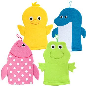 Terrycloth Animal Puppet Bath Mitts Washcloths - Duck, Dolphin, Fish, Frog