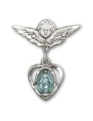 Sterling Silver Baby Badge with Blue Heart/Miraculous Charm and Angel with Wings Badge Pin