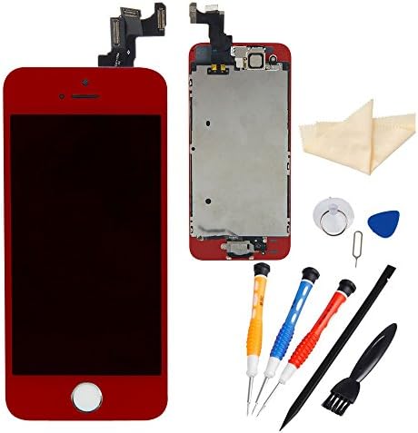 HAHO Red LCD Touch Screen Digitizer Assembly with Small Parts (Home Button &amp; Camera &amp; Flex Cable Sensor) + Free Repair Tools Kits for Iphone 5S