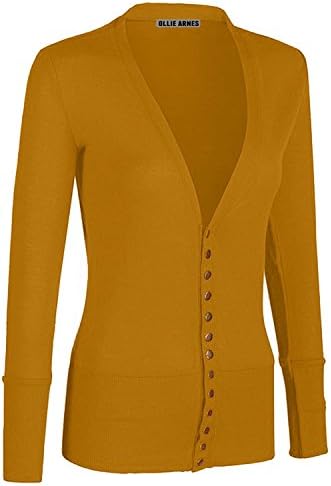 Susan Lazar Womens Basic Chic Long Sleeve Solid Snap Button V-neck Knit Cardigan 20_MUSTARD Small