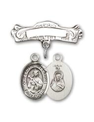 Sterling Silver Baby Badge with Our Lady of Mount Carmel Charm and Arched Polished Badge Pin