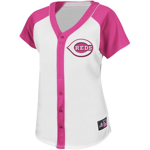 MLB Women's Cincinnati Reds Short Sleeve 5 Button Synthetic Replica Baseball Jersey (White/Pink Splash, Large)