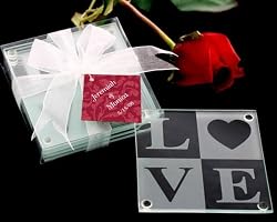 Coasters LOVE Glass Gift Set with Ribbon and Thank You Tag (24 sets of 4 per order) Wedding Favors