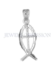 Rhodium-Plated 925 Sterling Silver Christian Fish With Cross Pendant
