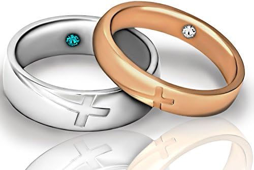 Matching Couple Rings: Engraved Cross CZ Stainless Steel Promise Ring or Wedding Band, Women's 7