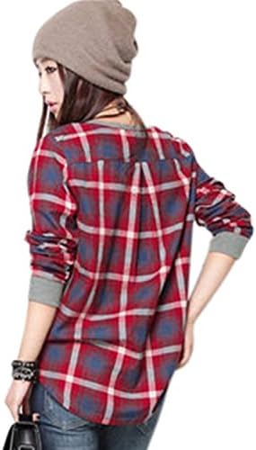 Yaslnn Womens Casual Red Plaid Grid Pattern Long Sleeve T Shirt Asian XL