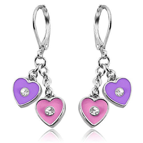 Girls Earrings Enamel and Crystal Double Dangle Hearts Rhodium Plated Lever Back Fashion Jewelry for Girls