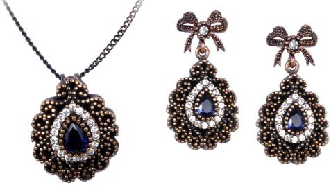 Antique Filigree Pear Shape Sapphire Gemstone Diamond Stud Bow Accent Night Blue Hurrem Sultan Style Earring and Necklace Set