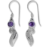 Sterling Silver Leaf w/ Amethyst Dangle Earrings by Sajen