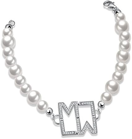 RebeccaSeller Womens Charm Bracelet Sterling Silver Shell Bead Chain Inlay Cubic Zirconia