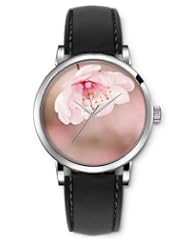 SPRAWL Aanalog Fashion Series Silver Ladies Watches of Genuine Black Leather Strap,Unique Wrist Watch for Women Girls Designed with pink flower