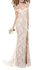 Floor Length Off the Shoulder Lace Open-Back Slit Fitted Prom Dress 