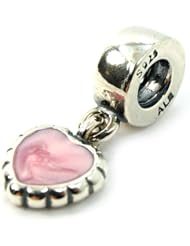 .925 Sterling Silver " Pink Enamel Heart Dangle Charm " Pandora Troll Chamilia Biagi Bead Compatible
