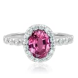Natural Pink Sapphire Diamond Engagement Ring 14k White Gold Halo Ring (G, SI1, 1.33 cttw), 7x5mm, Certificate of Authenticity