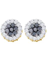 1.48 cttw 14k Yellow Gold Black Diamond and White Diamond Floral Halo Style Stud Earrings (Real Diamonds: 1.48 cttw)
