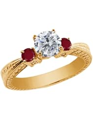 1.28 Ct Round H/I Diamond Red Ruby 14K Yellow Gold 3-Stone Ring