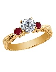 1.28 Ct Round H/I Diamond Red Ruby 925 Yellow Gold Plated Silver 3-Stone Ring