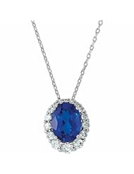 14K White Gold Oval Cut Chatham Created Sapphire and Diamond Pendant -- LIFETIME WARRANTY