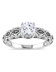 10k White Gold Created White Sapphire and Black Accent Diamond Ring (0.232 Cttw)