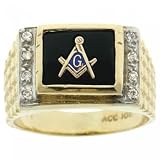 Gold Mens Masonic Compass & Square Signet Ring Diamond