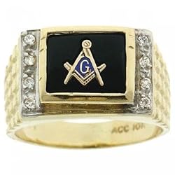 Mens Diamond Masonic Compass & Square Signet Band in Solid Yellow Gold