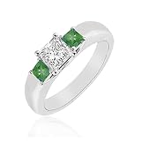 0.50cttw Natural White Princess Shape Diamond (SI-Clarity, GH-Color) and Emerald Three Stone Ring in 14K Gold.