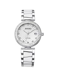JIUSKO Womens Luxury Zirconia Bezel White Ceramic / Stainless Steel Fashion Wrist Watch 41MY01