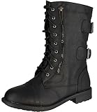 Top Moda Pack-72 Women's Back Buckle Lace Up Combat Boots Black 9