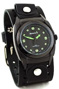 Nemesis #B081G Men's Premium Black IP Wide Cuff Leather Band Watch