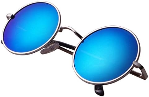 Senchoice Unisex Vintage Hippie Retro Metal Round Circle Frame Sunglasses Silver Frame Blue Mirrored