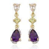 18k Yellow Gold Plated Sterling Silver Genuine Amethyst, Peridot and White Topaz with Diamond Accent Drop Post Earrings