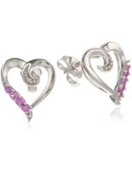 Sterling Silver Created Pink Sapphire with Diamond Heart Shape Earrings
