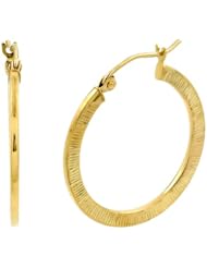 10k Yellow Gold Diamond-Cut Hammered Striped Flat 1.3 x 2.5mm Hoop Earrings