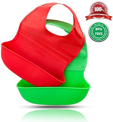 Alaboo Soft Baby Bib - #1 New Unique Solution Tested & Top Rated with Parents and Little Ones - Soft Comfortable Waterproof Fabric for Best Fit and Superior Large Catch All Silicone Food Pocket for No Spills - 2 Pack Red & Green Bibs - Baby Safe, Easy to Clean, Bonus Gift